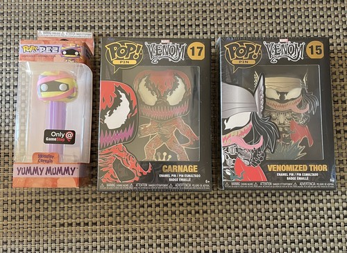 Funko Pop Pins & Pez Lot. Yummy Mummy Pez, Venomized Thor Pin, & Carnage Pin - Bild 1 von 11