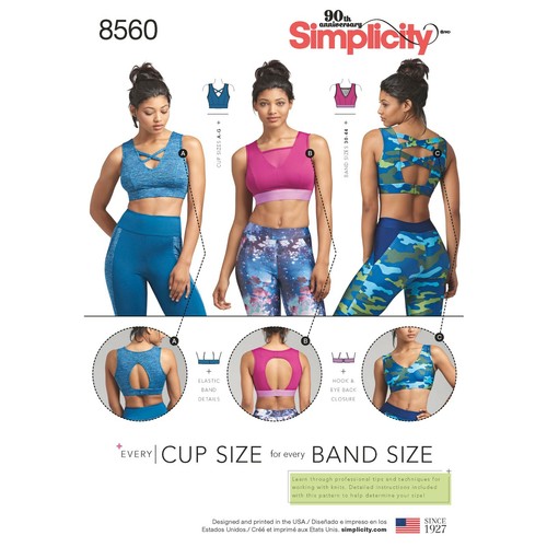 Simplicity 8560 S-XL Sport BH Träger offener Rücken Crop Top Tattoo Workout Muster