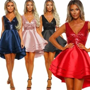 Women/'s Sleeveless V Neck Mini Dress Ladies Evening Cocktail Party Satin Dresses