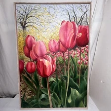 Beautiful! Oil on Canvas Painting Landscape Floral Flowers Field Of Pink Tulips