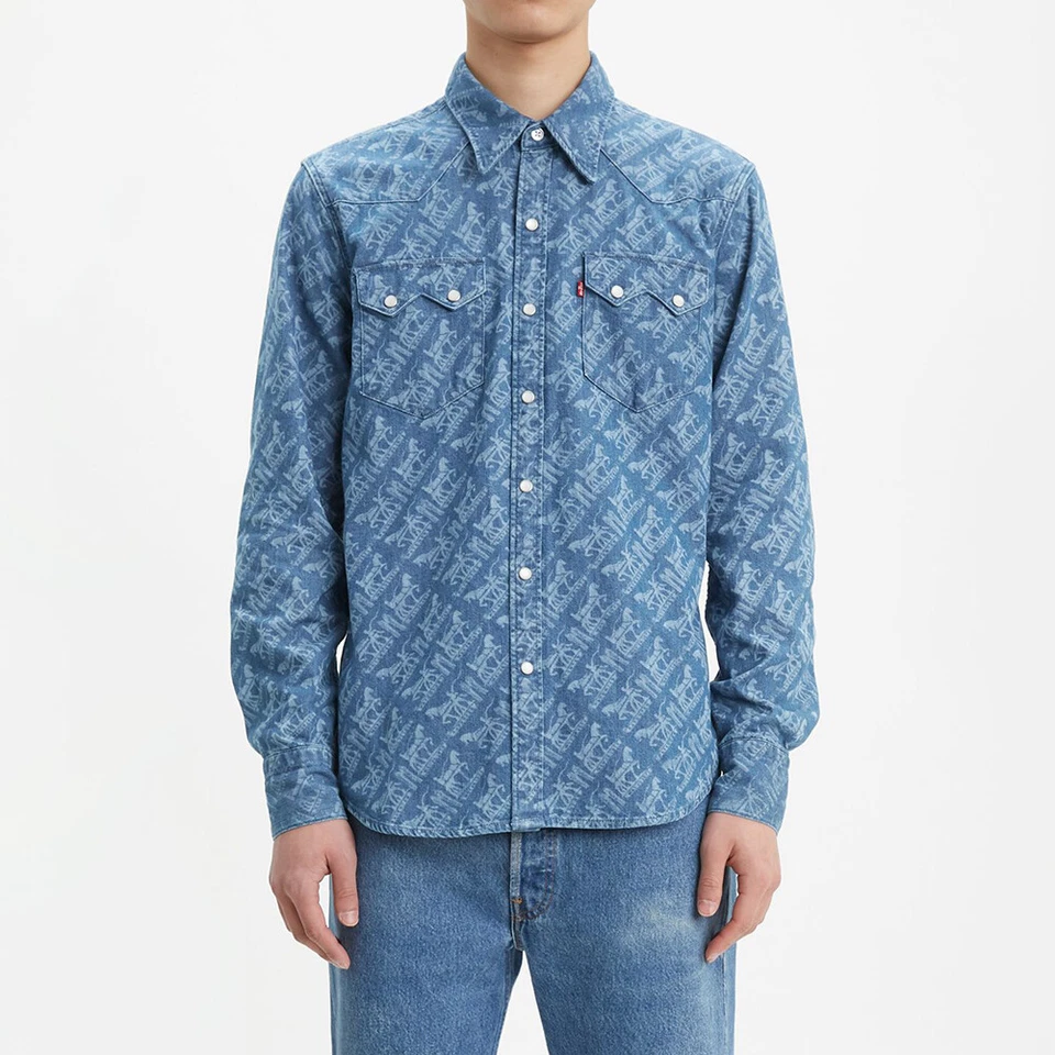 Мужская классическая повседневная джинсовая рубашка с принтом Levis с длинным рукавом на пуговицах 65819