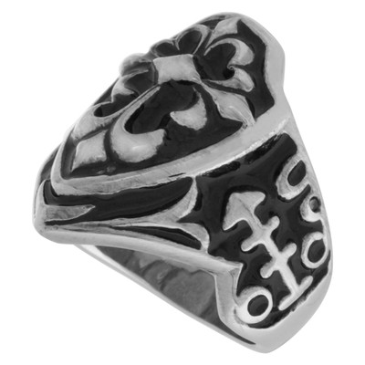 Stainless Steel Gothic Fleur De Lis Cross Biker Ring       