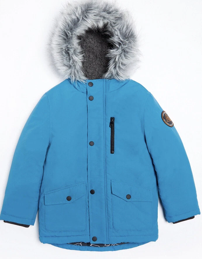 New Boys Faux Fur Borg Lined Hooded Parka Jacket Blue Size 9 10 Y