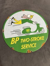 Vintage BP TWO-STROKE MOTOR OILS PORCELAIN GAS PUMP METAL SIGN SCOOTER