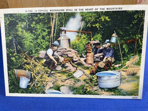 C.1940 Linen Postcard "A Typical Moonshine Still in the Heart of the Mountains" - Picture 1 of 4