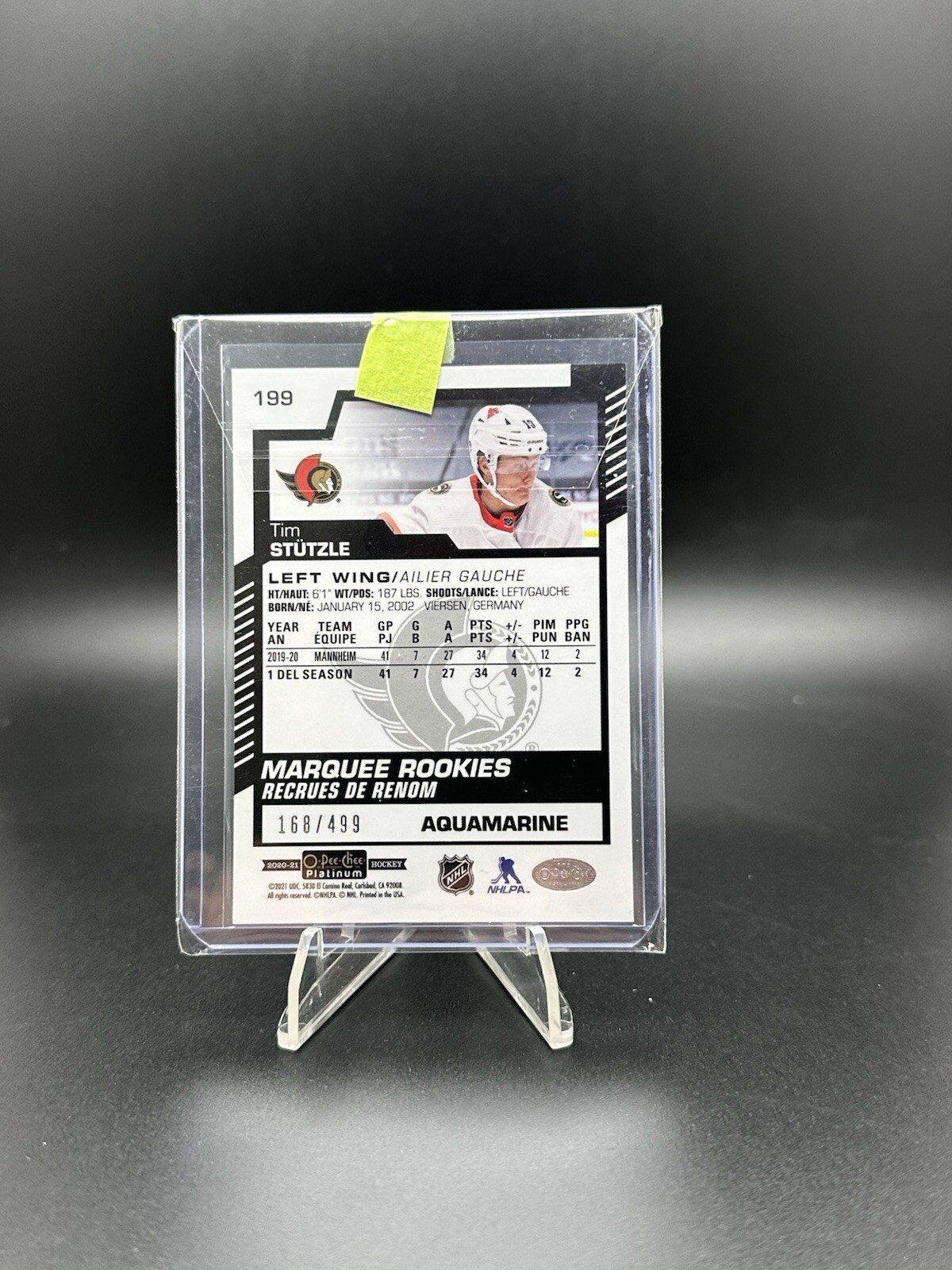 2020 O-Pee-Chee Platinum Marquee Rookies Aquamarine /499 Tim Stutzle Rookie RC