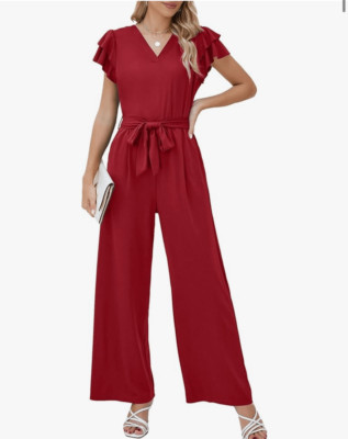 ロンパース・カバーオール Sleeveless Rompers (Red check)  80 NEW Red jumpsuit Career Ruffle Sleeve V Neck Romper NO BELT