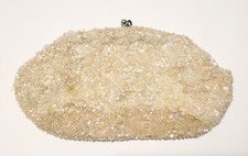 Vintage 1960s Off White Beaded Purse Kiss Rhinestone Clasp Clutch Retro Wedding