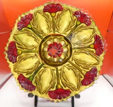 Vintage Goofus Glass Red Carnation Plate - 1900's - Reverse Paint, Sawtooth Edge
