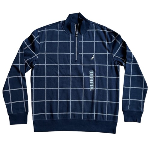 NEW Nautica Pullover Sweater Mens Sz Medium Blue Windowpane 1/4 1/2 Zip