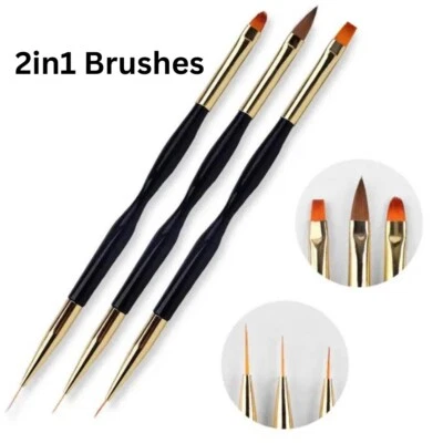 Nail Art Brushes Set Builder Gel UV Liner Tool Painting Double Brush Set x3 UK