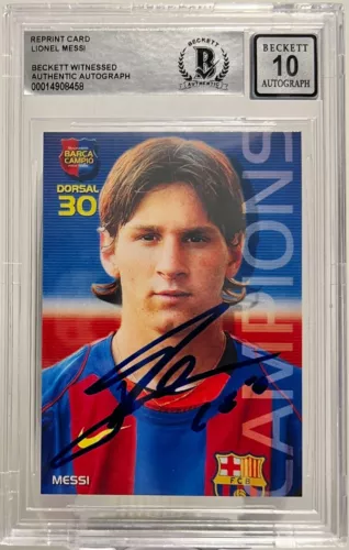 Authentic Signed Lionel Messi #35 Megacracks Reprint Rookie Barca Beckett Gem 10