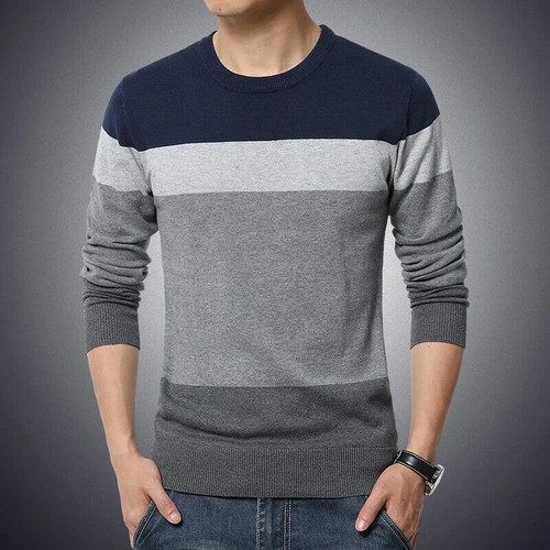 Men's Sweater O-Neck Striped Slim Fit Knittwear Mens Sweaters Pullovers Jumper - Picture 10 of 16