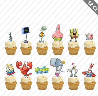 12 SpongeBob Cupcake Cake Topper Favor Party Birthday Kid Decor Characters