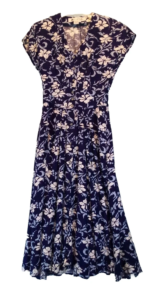 MS. CHAUS VINTAGE size XS Summer Dress Blue Hibiscus Hawaiian Print Tea Length - Image 2 of 4