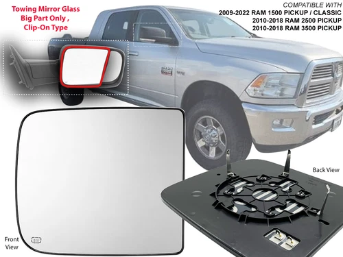 For Towing Mirror Glass Upper Heated 2009-2022 RAM 1500 2500 3500 Passenger Side