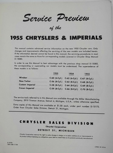 1955 Chrysler Imperial Passeggero Auto Parti Riparazione Service Manuale Preview - Foto 3 di 5