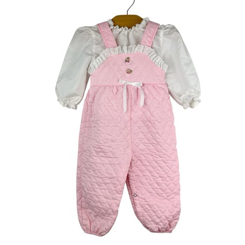 Vintage Quilted Overalls Romper And Shirt Pink White Polka Dots Lace Size 18 Mo