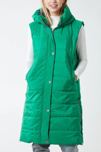 Ladies Long Line Padded Puffer Gilet Jacket Side Zips Pocket Hooded Body Warmer - Picture 13 of 16