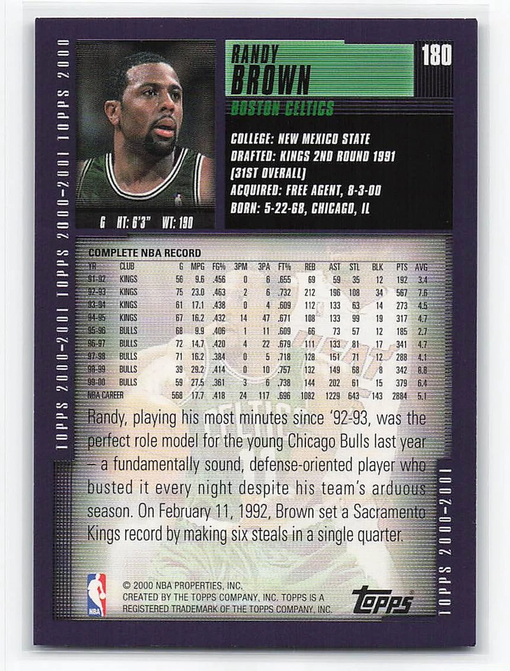 2000-01 Topps #180 Randy Brown - Image 2 of 2
