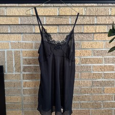 Vintage Dentelle Satin Nightgown Embroidered Black L Length 25 Prairie Cottage