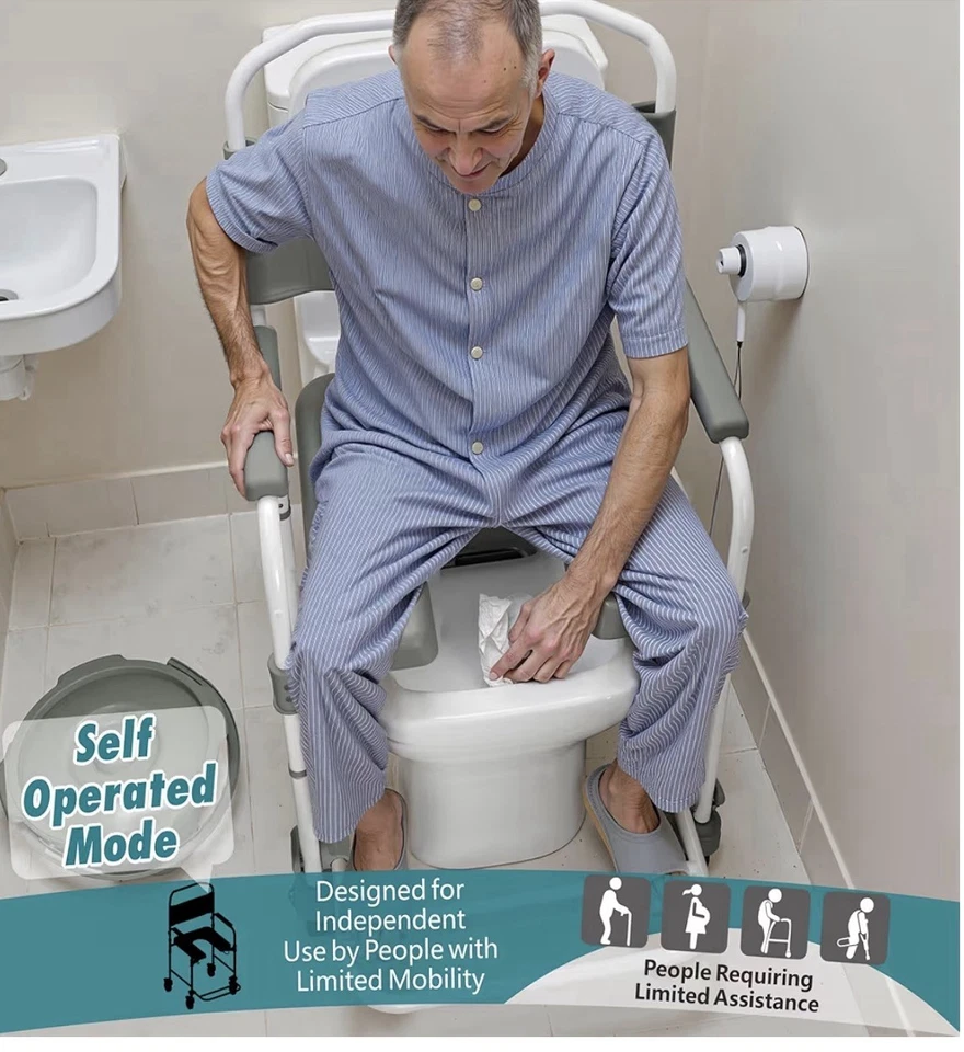 Bedside Commode with Wheels, Shower Wheelchair with 300 LBS Weight Capacity - Image 2 of 4