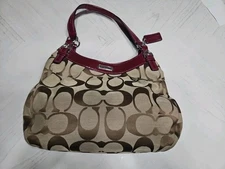Coach SOHO Signature Jacquard Logo Pattern Red Patent Leather Purse Shoulder Bag