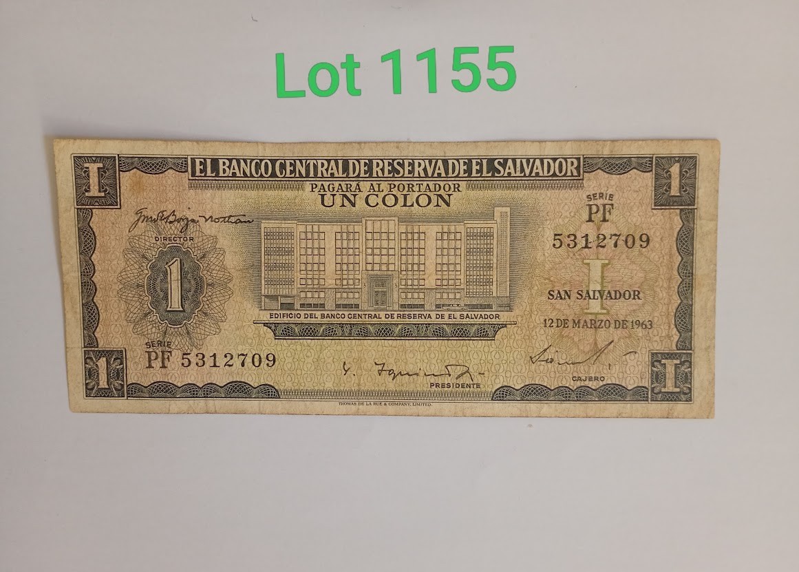 El Salvador 1 Colon 1963 banknote, Lot 1155, with green-black architecture design and “Banco Central de Reserva de El Salvador” text.