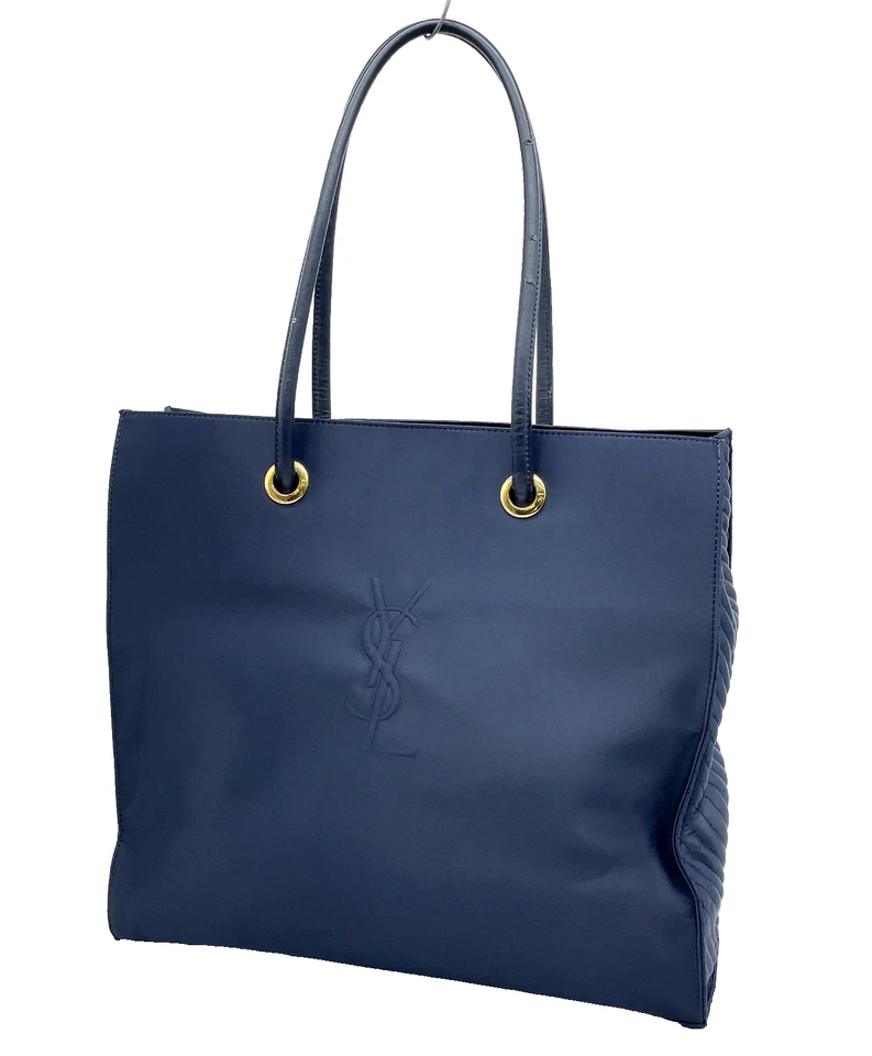 Auth Yves Saint Laurent YSL Cassandra Logo Navy Nylon Tote Bag i110659 - Image 2 of 4