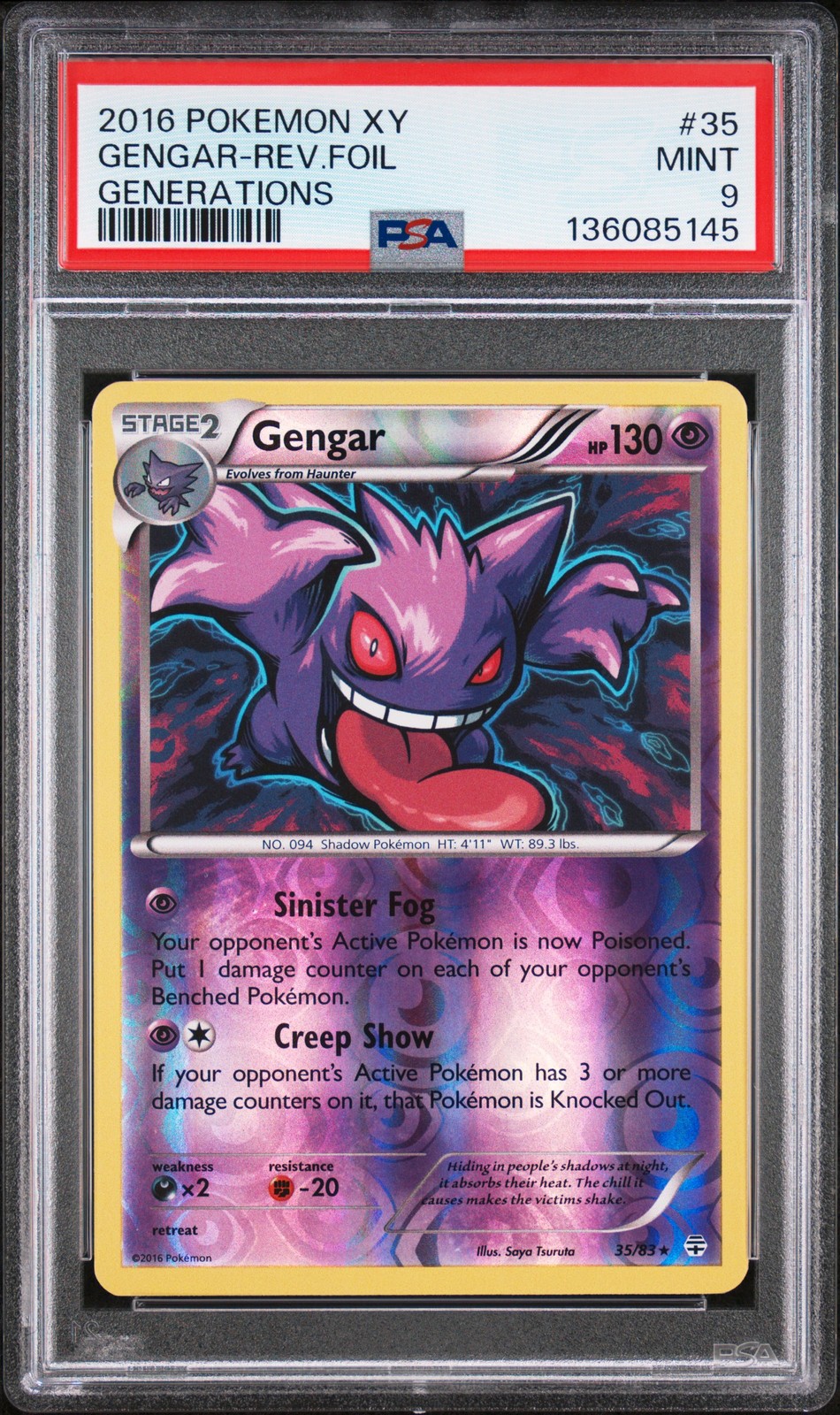 2016 POKEMON XY GENERATIONS #35 GENGAR-REVERSE FOIL PSA 9
