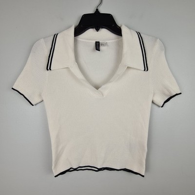 HM Divided Womens Medium White Ribbed Knit Polo Shirt Contrast Trim V-Neck Short