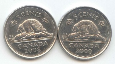 Canada 2008 2009 Canadian Nickels Five Cents Beaver 5c Exact Set - 2 Coins