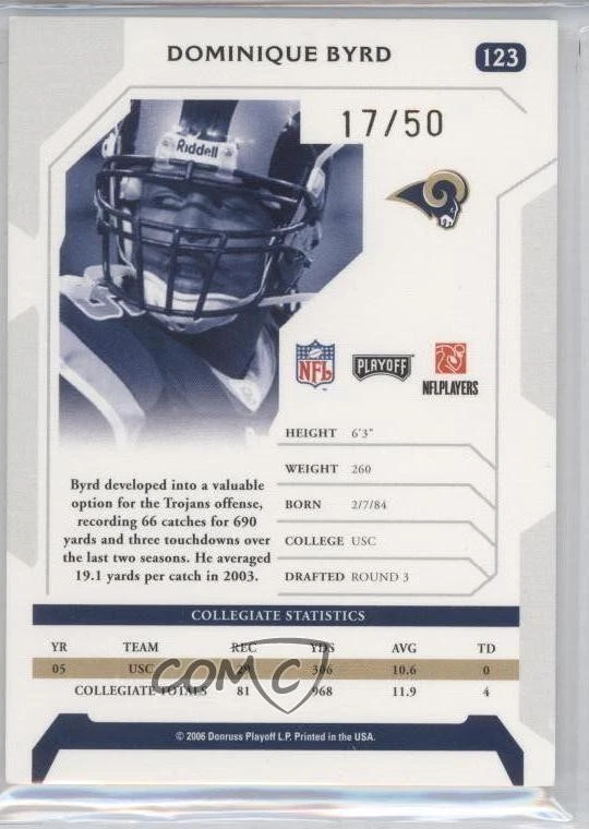 2006 Playoff NFL Playoffs Gold Signature Proof /50 Dominique Byrd Rookie Auto RC - Image 2 of 2
