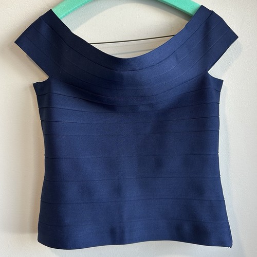 Karen Millen Top Off Shoulder Womens Size L Navy Blue Zipper Spandex - Picture 1 of 7