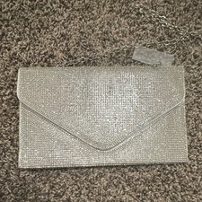 Windsor Silver Rhinestone Metallic Clutch Chain Strap Magnetic Closure Lined