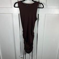 Chocolate Brown Ribbed Ruched Side Drawstring Bodycon Mini Dress Small