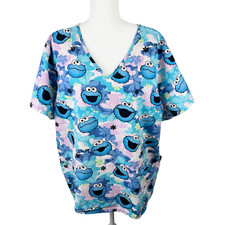 Sesame Street Cookie Monster Scrubs Women 2XL Blue Floral Short Sleeve Medical