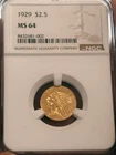 1929 $2.5 Gold Indian Head NGC MS64