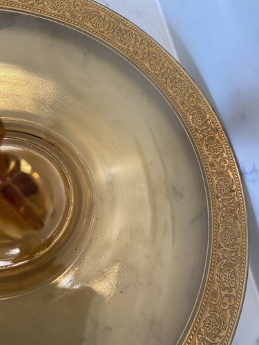 Vintage Amber & Gold Fostoria Glass Etched Fleur de Lis Sandwich Tray, No Chips - Picture 5 of 10