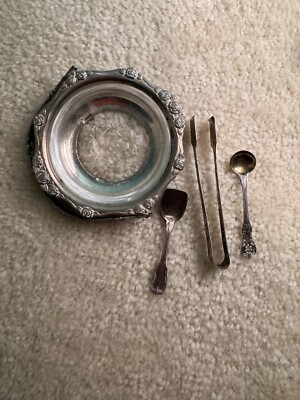 VTG Glass Sugar Bowl w/ 2 Silver Spoons tweezers & Footed Stand w/ Handle 4.25''