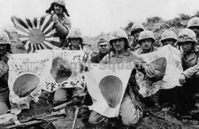 WW2 Picture Photo USMC 5th Div. Marines w Captured Japanese Flags Iwo Jima 1538
