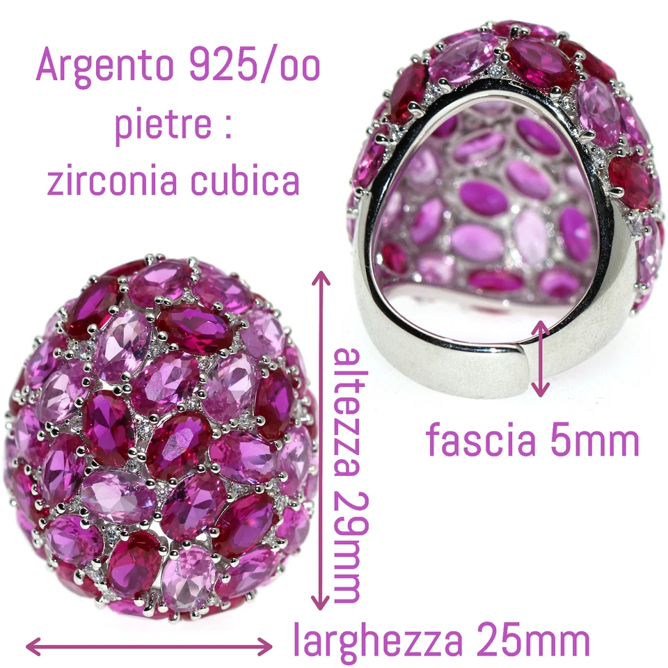 maestoso anello vero argento 925 ovale zirconi rosa magenta regolabile elegante - Immagine 4 di 4