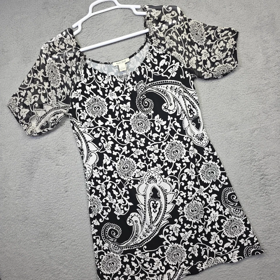 Vestido WHBM Para Mujer L Negro Seda Gasa Manga Floral Paisley Boho Túnica Artística Foto 2 de 4