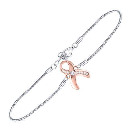 Sterling Silver Womens Diamond Pink Awareness Ribbon Fashion Bracelet 1/20 ctw - Picture 2 of 3