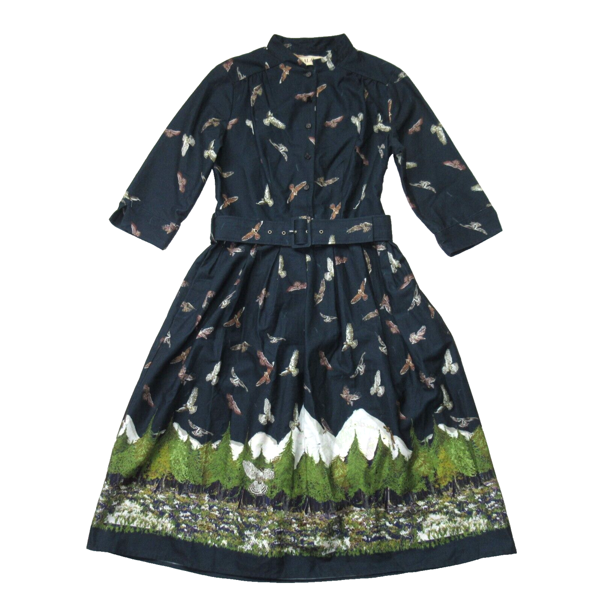 NWT Palava Cynthia in Navy Birds of Prey Belted Cotton Shirt Dress