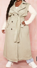 New Sage Khaki Woven Belted Sleeveless Lightweight Trench Coat 3xl