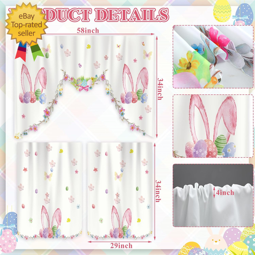 Easter Kitchen Curtains 3 Piece Set Spring Window Curtains Set Bunny Swag and Ti - Picture 2 of 12