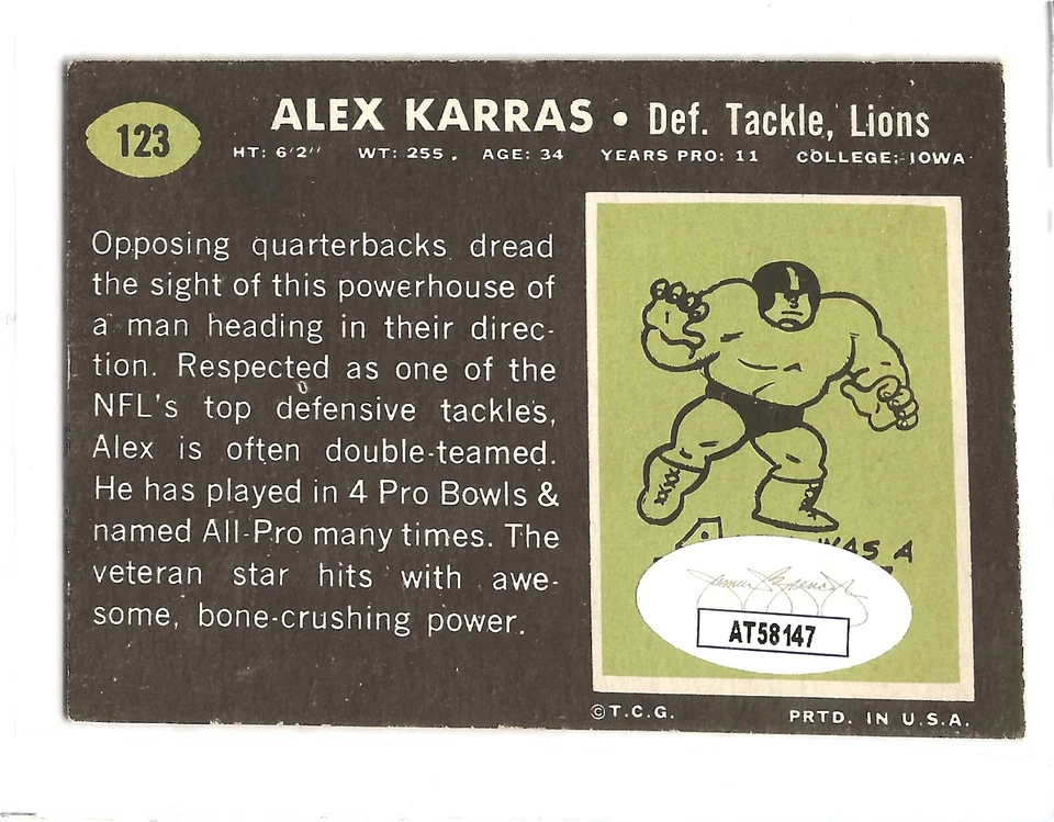 ALEX KARRAS JSA AUTÉNTICO FIRMADO 1969 TOPPS TARJETA CORTE AUTÓGRAFO HOF DETROIT LIONS Foto 2 de 3