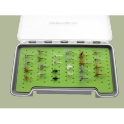 Trockene Forellenfliegen, 24er Set, Silikoneinsatz Slimline Box, verschiedene Größen