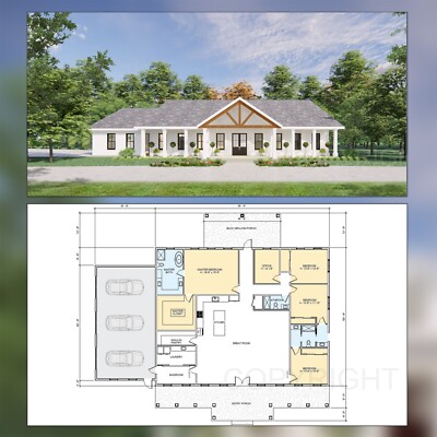 Barndominium House Plan - 4 Bed 3 Bath 3200 sq ft 3 Car - Drawings Blueprints